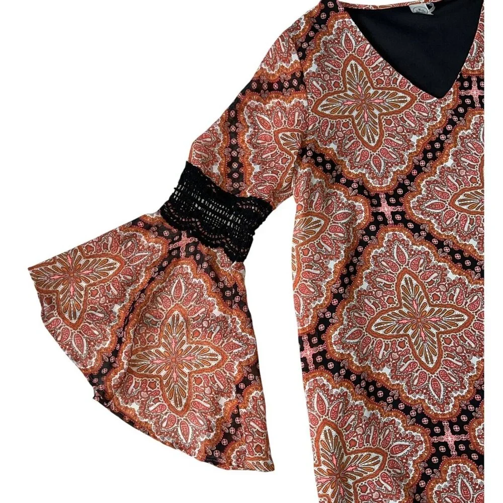 Paper Crane Anthropologie M Fairy Boho Mini Dress Orange Paisley Bell Sleeves - Picture 4 of 6